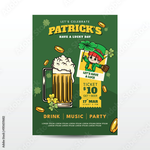 Kawaii Saint Patrick's Day Poster with Beer Mug Illustration Flyer - Optimizes for Ticketed Events and Drink Special
