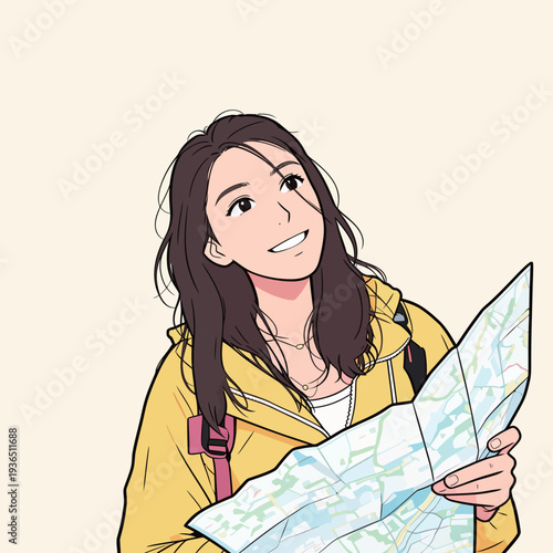 A woman smiles as she holds a map while exploring. She wears a yellow jacket and has a backpack. The scene shows her excitement.