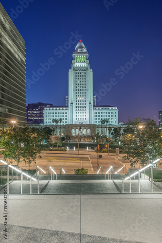 Los Angeles, the City Hall at Dawn, built in 1928, view across a public plaza.
