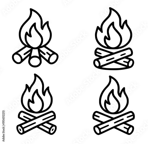 4 campfire illustration icons, in outline design