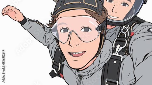 Two skydivers are in freefall, one is taking a selfie with a big smile while the other looks at the camera. They wear skydiving gear.