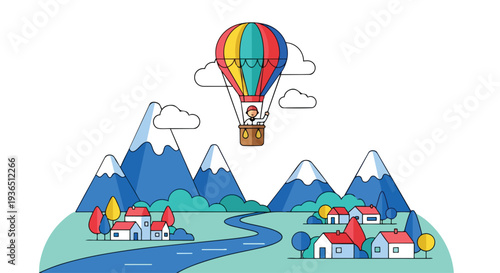 Flat 2D illustration of a colorful hot air balloon flying over a scenic mountain landscape with a river, houses, and trees, representing a travel concept.