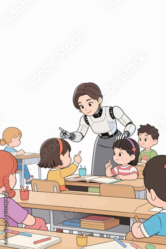 Children sit at desks while a robot teacher instructs them with engaging activities. Kids raise hands in response.