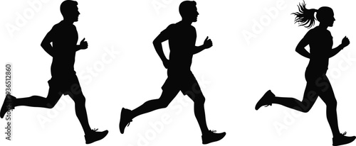 Silhouette group of athletes running in motion, fitness training exercise concept, healthy lifestyle sports activity illustration for wellness promotion