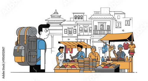 Flat 2D illustration of a traveler with a backpack standing in front of a vibrant market stall in a world travel concept setting.