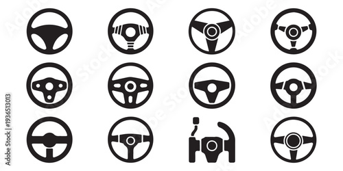 Collection of car steering wheels vector icons for transportation and automotive concepts