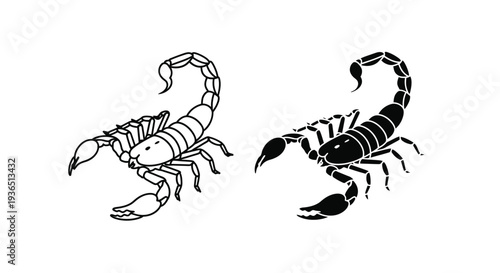 Two detailed scorpion illustrations presented as a striking black silhouette