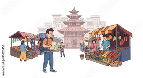Flat 2D illustration of a young traveler with a backpack standing in front of vibrant market stalls and a pagoda in a world travel concept setting.
