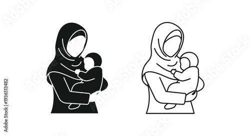 Mother holding baby a minimalist black design silhouette