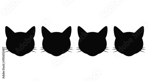 A row of six black cat head silhouettes against a white background