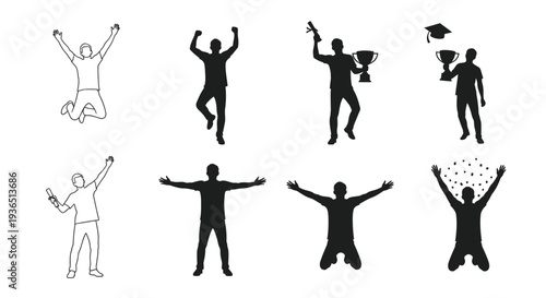 Celebrating success joyful figures in dynamic poses black silhouette