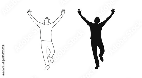 Joyful man leaping with arms raised shown as a contrasting outline silhouette