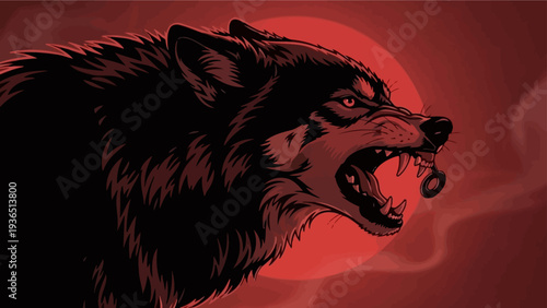 Wallpaper Mural Fierce Wolf Howling with Red Moon Background, Aggressive Animal Portrait Torontodigital.ca
