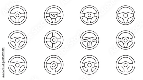 Automotive steering wheel vector line art collection for driving simulator and car interior design icons