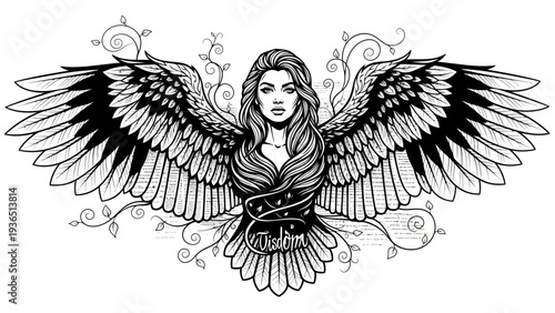 Wallpaper Mural Mythical Angel Woman with Large Wings, Tattoo Design, Black and White Illustration Torontodigital.ca
