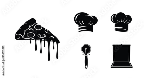 Pizza slice chef hats and kitchen tools in black silhouette
