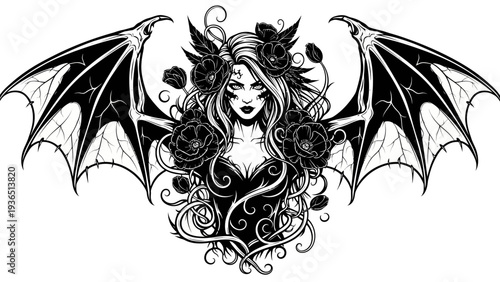 Gothic Vampire Woman with Bat Wings and Roses - Dark Fantasy Art