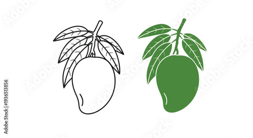 Two mangoes depicted in contrasting styles one as a silhouette