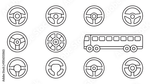 Bus and steering wheels icons for public transit and heavy vehicle driver control systems graphic elements