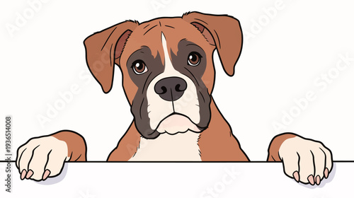 A dog leans forward with its front paws on a surface. Its expression shows curiosity and interest in something in front.