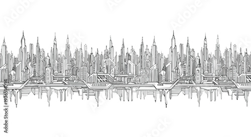 A seamless, flat 2D illustration of a city skyline in silhouette, with sleek skyscrapers and buildings against a clean white background.