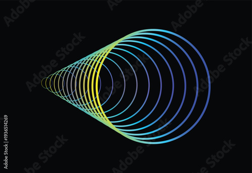 Vibrant neon conic light trails on black background