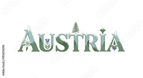 Vector illustration of Austria wordmark with floral and tree elements