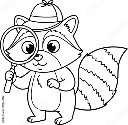 Raccoon detective with magnifying glass and deerstalker hat
