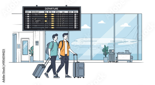 Flat 2D illustration of two travelers walking with luggage in an airport terminal with a flight information display board in the background, concept related to travel and transportation.