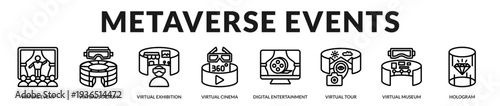 Metaverse events banner highlighting immersive digital venues and interactive audience experiences in Lineal Icon Style