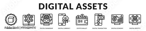Digital assets banner presenting secure tokenized ecosystems and decentralized financial innovation in Lineal Icon Style
