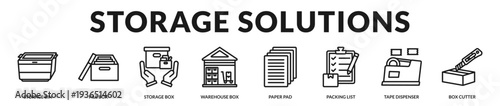 Storage solutions banner presenting organized warehousing tools and professional packing management systems in Lineal Icon Style