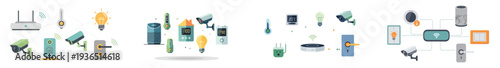 Flat vector artwork featuring interconnected smart home technology, clean simple shapes, harmony color scheme, white background.