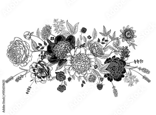 Blooming peonies. Black and white decoration. Vintage