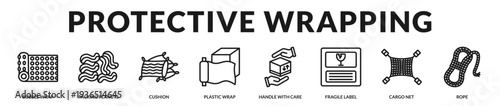 Protective wrapping banner focused on premium cushioning and secure shipment preparation materials in Lineal Icon Style