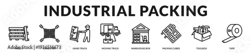 Industrial packing banner emphasizing heavy duty logistics tools and warehouse transport efficiency in Lineal Icon Style