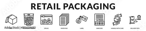 Retail packaging banner designed for modern merchandise preparation and secure distribution processes in Lineal Icon Style