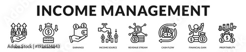 Income management banner emphasizing diversified revenue streams and structured financial sustainability planning in Lineal Icon Style