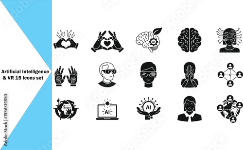 Artificial intelligence and virtual reality icons collection featuring various human and brain illustrations in a simple black and white design for modern applications.