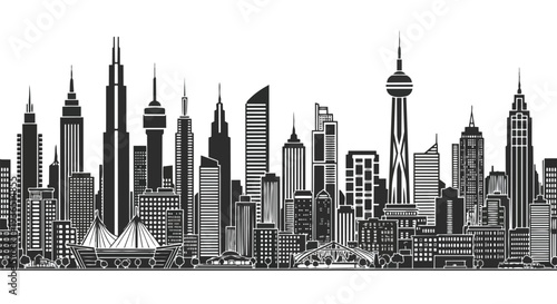 A flat 2D illustration of a city skyline with sleek skyscrapers and a silhouette of buildings against a seamless white background.