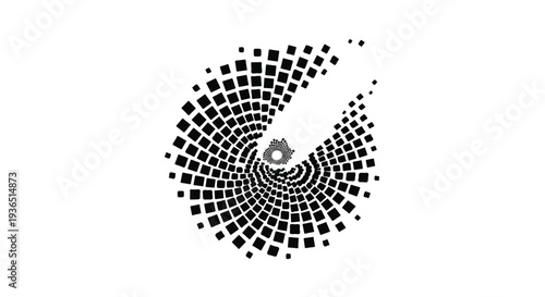 Abstract swirling pattern of digital squares converges into a central gear-like shape, representing technology and innovation.