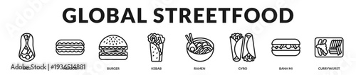 Premium global street food banner showcasing iconic savory favorites from diverse culinary cultures in Lineal Icon Style