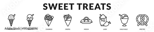 Elegant sweet treats banner featuring indulgent desserts and artisanal confections from around the world in Lineal Icon Style