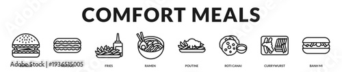 Comfort meals banner featuring beloved hearty dishes that deliver warmth and satisfying flavor in Lineal Icon Style