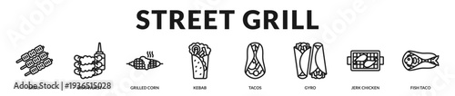 Street grill banner showcasing smoky skewers and flame grilled favorites with bold global flavors in Lineal Icon Style