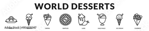 World desserts banner presenting iconic sweet delicacies crafted with global inspiration and indulgent appeal in Lineal Icon Style