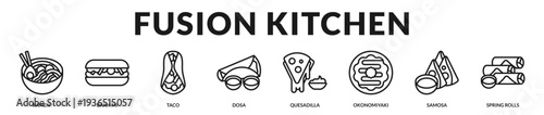 Fusion kitchen banner highlighting creative culinary blends that unite diverse global flavors in modern presentation in Lineal Icon Style