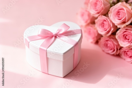 Heart-shaped gift box with pink ribbon and roses on soft pink background