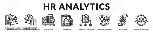 HR analytics banner delivering data driven workforce insights and strategic performance measurement frameworks in Lineal Icon Style