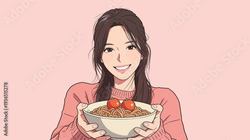 A woman smiles at the viewer while holding a bowl of spaghetti topped with two tomatoes. She stands against a pink background.